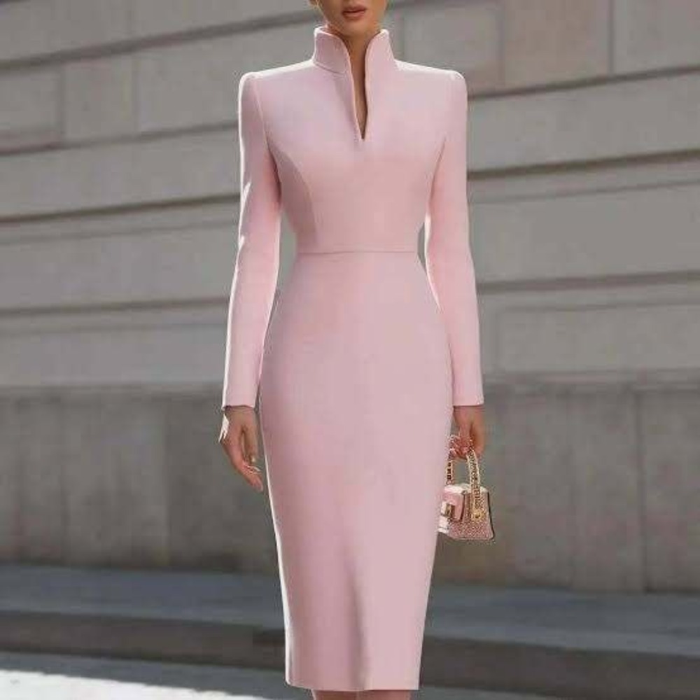 Mooyius Women Pink Long Sleeve Split Collar Sheath Midi Dress M Quiet Luxury